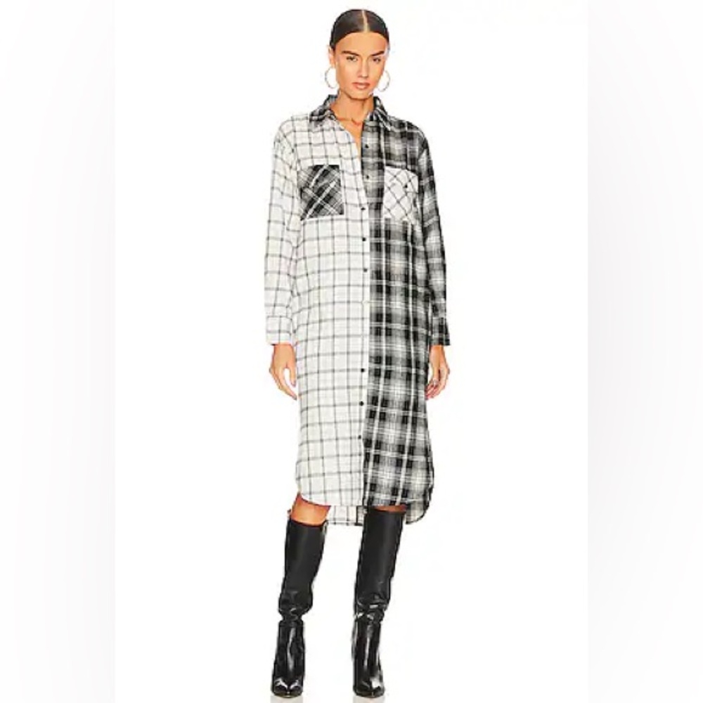 Steve Madden Rae Midi Shirt Dress | Plaid Black and White